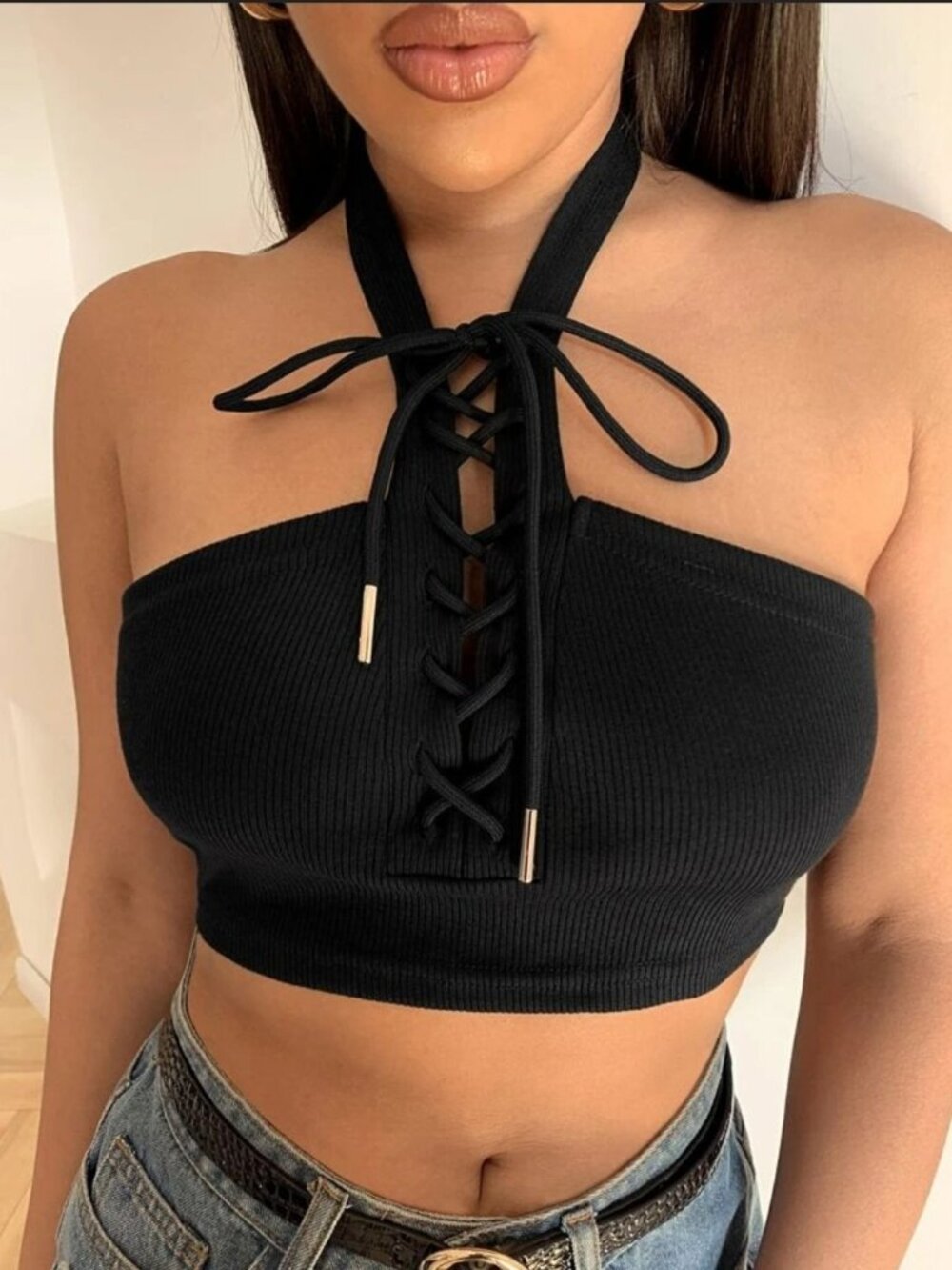 SHEIN ✦ Halter Top ✦ Black Ribbed Lace‑Up Front Stretch Crop Sleeveless Knit L